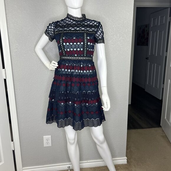 Renvy Size S Open Lace Fit and Flare Mini Dress Short Sleeve Red Navy High Neck - Picture 2 of 10